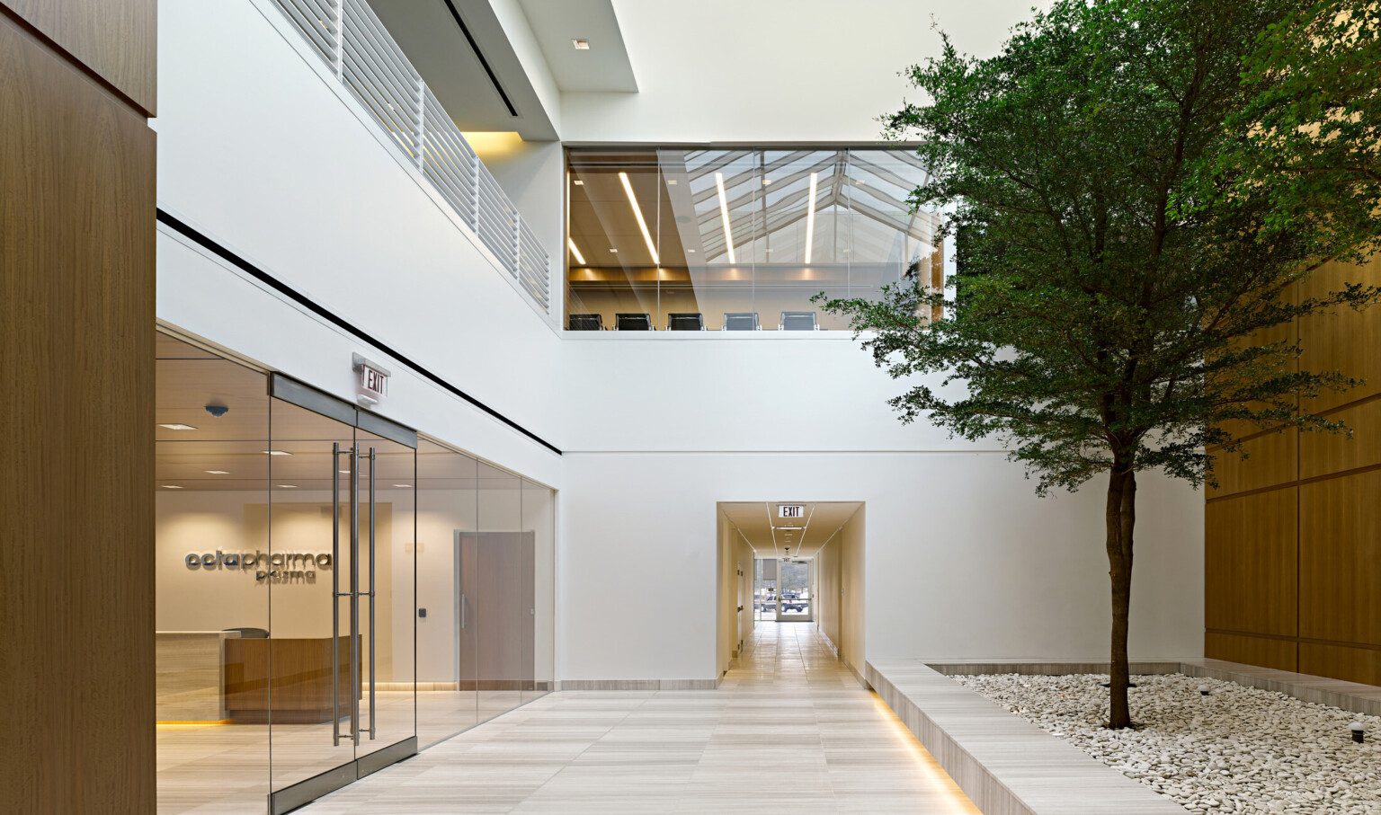 interior atrium of a medical building that is two stories high with white walls and trees lining the center