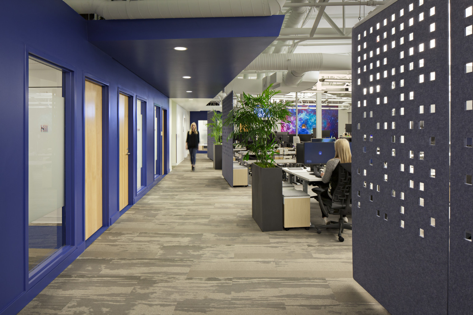 workplace with desks on the right separated by perforated felt drop wall and private work rooms on the left