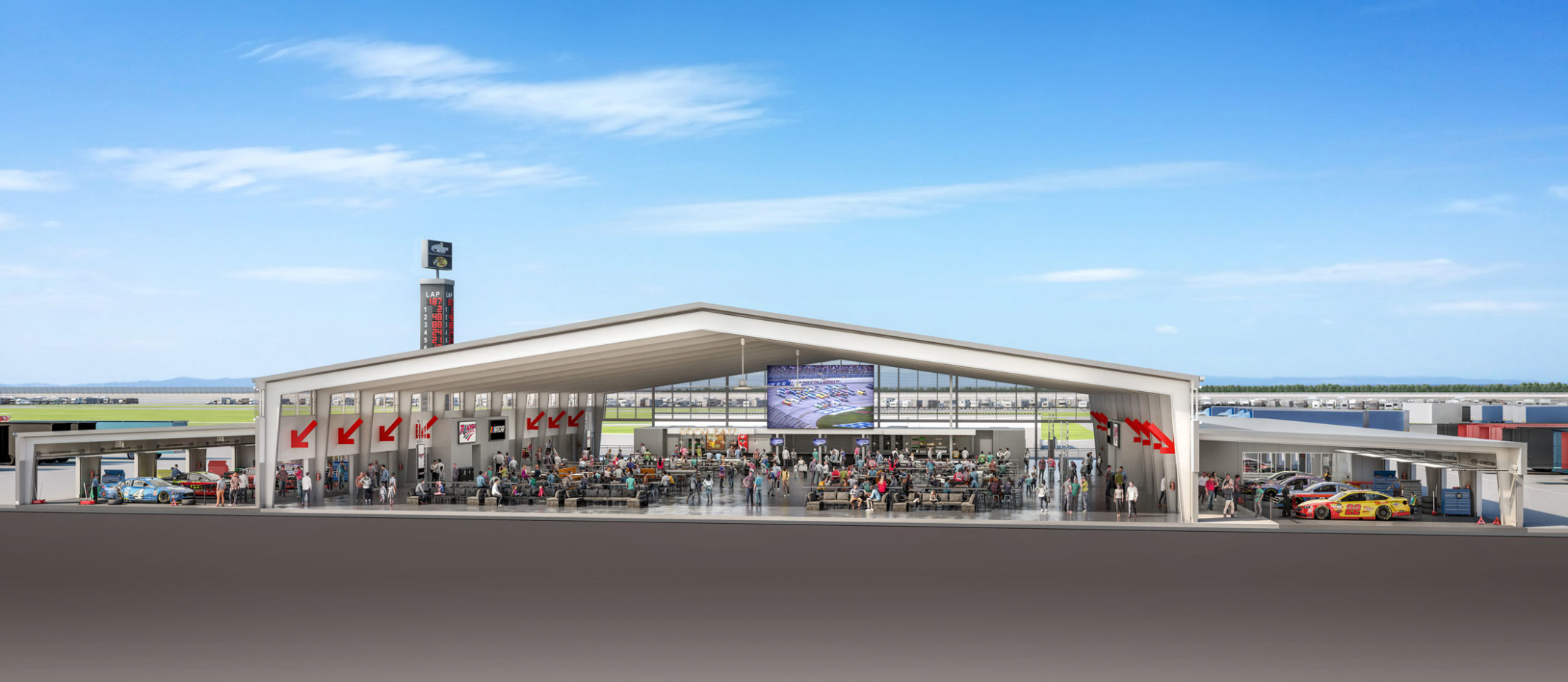 rendering of a infield at speedway featuring a seating area with a clear blue sky