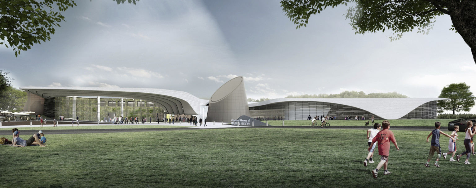 Concept for Cleveland Museum of Natural History Expansion, 2 section building with curved white roof, large sculpture center