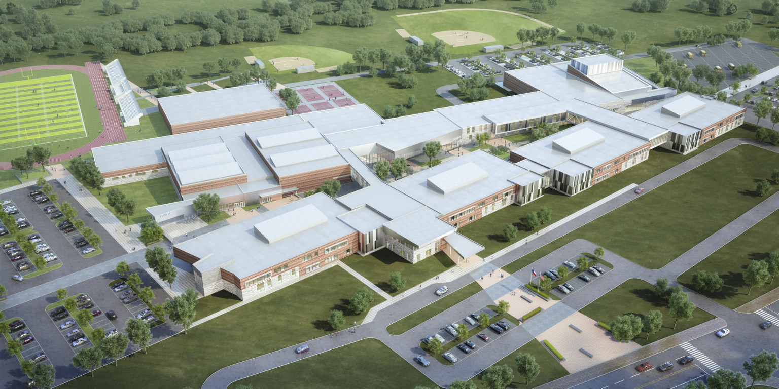 aerial view of a design concept for Fort Bend ISD High School, a large 500,000 sf school facility along an axis