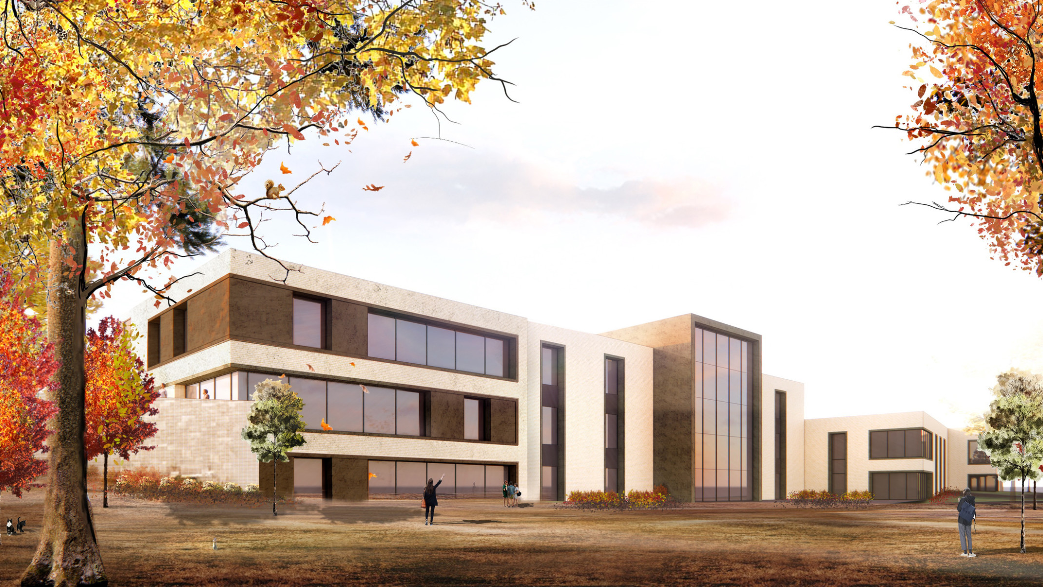 Boys Town school design concept, a white low rise complex with perpendicular, intersecting forms