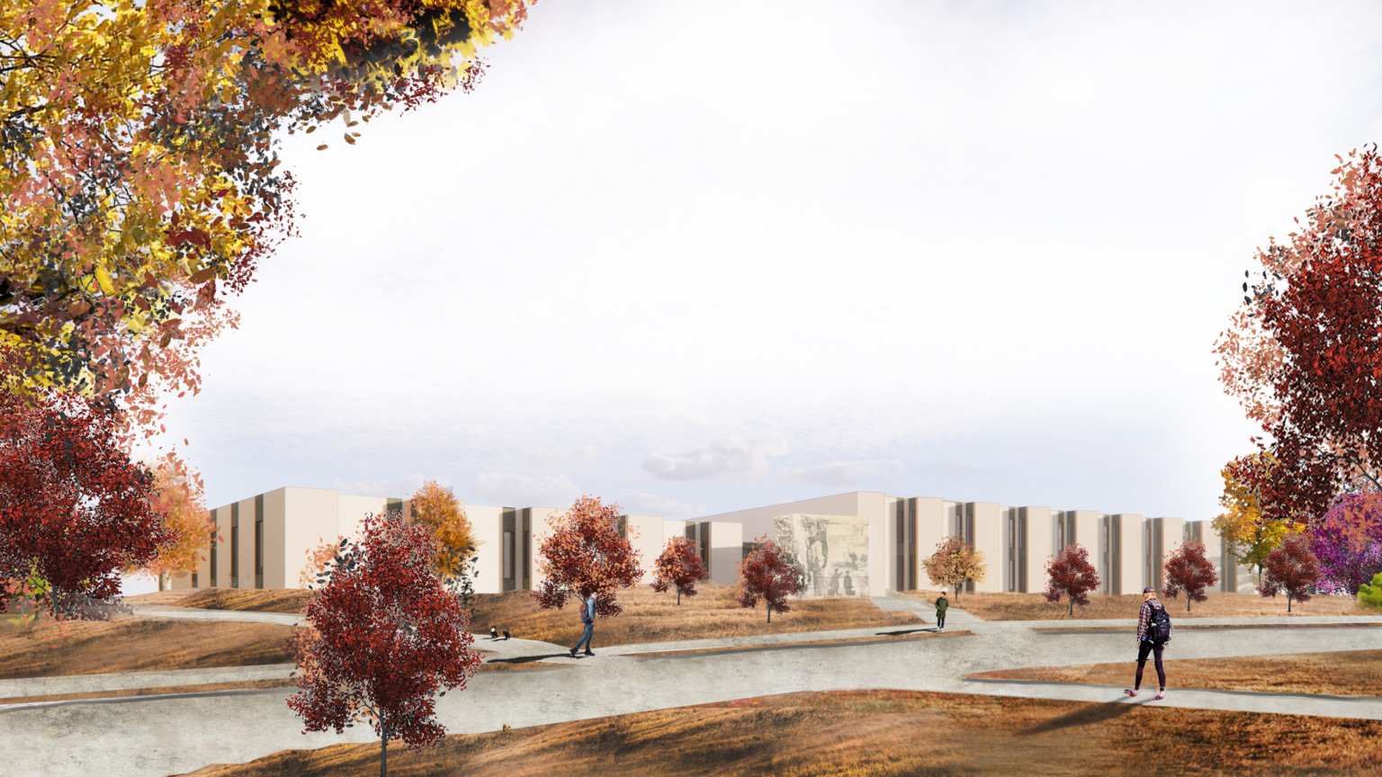 Boys Town school design concept, a white low rise complex surrounded by fall trees and intersecting sidewalks
