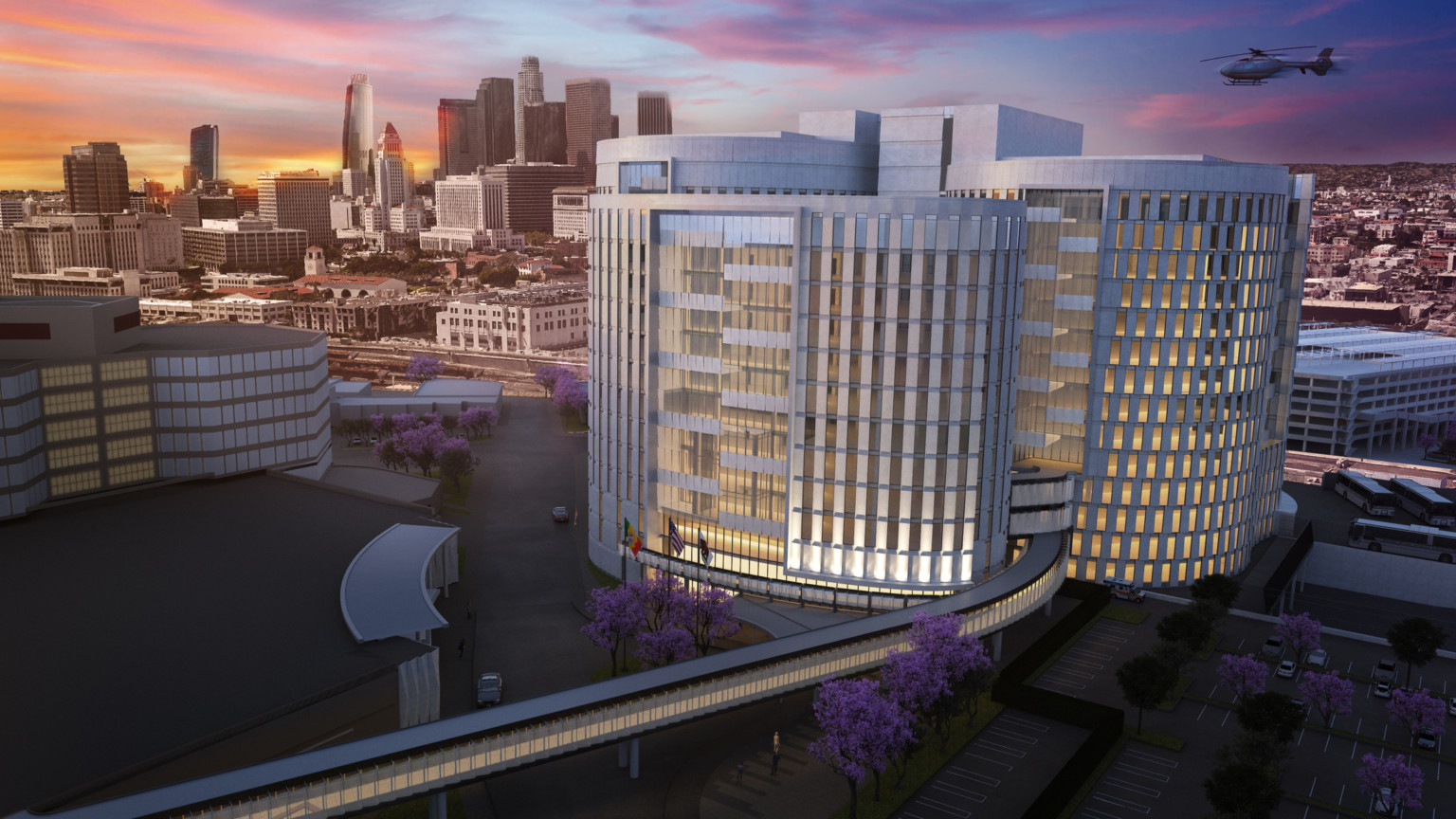 Los Angeles Consolidated Correctional Treatment Facility illuminated at night from within