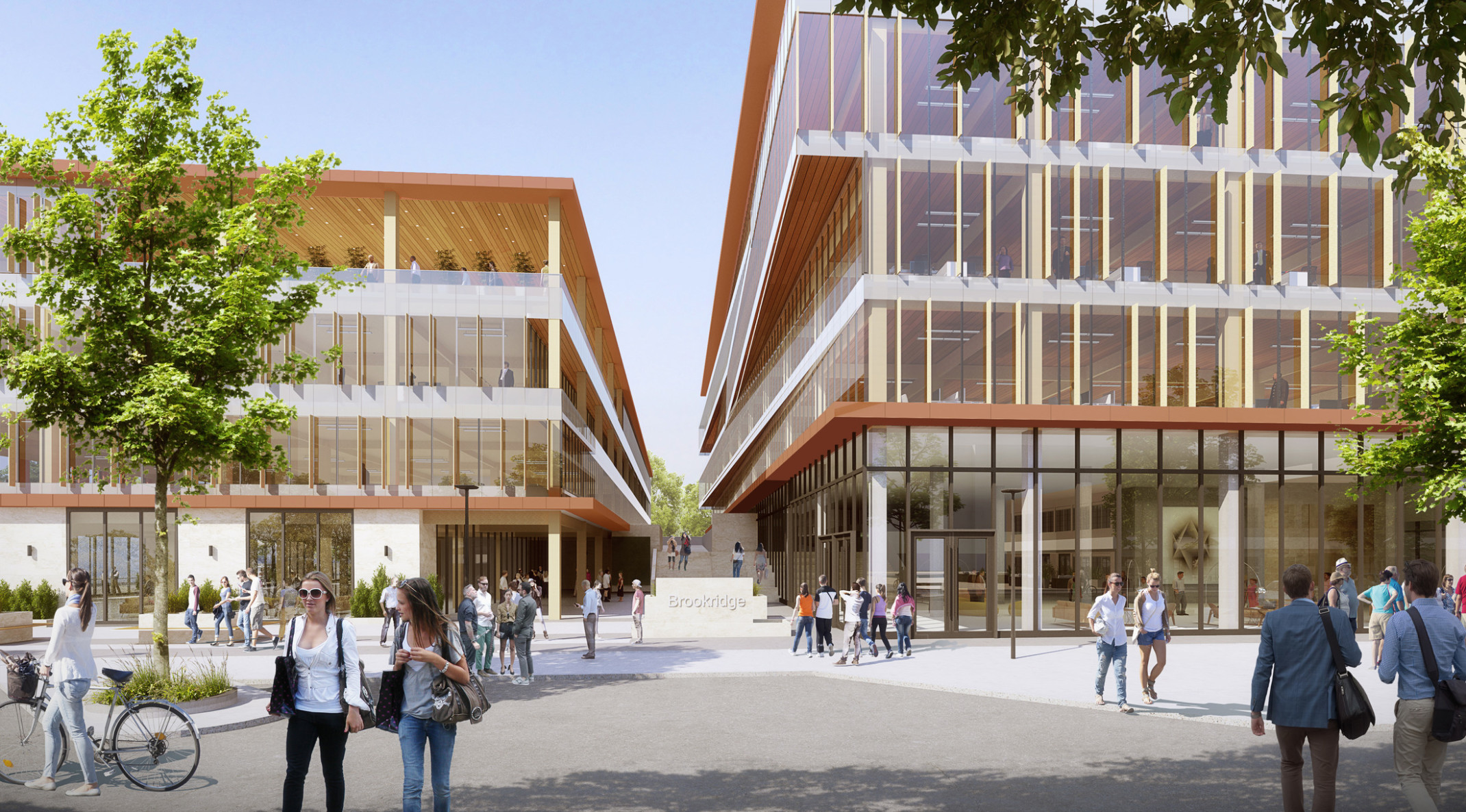 Brookridge Office Development, 2 glass facade buildings separated by a central walkway and stairs behind Brookridge sign