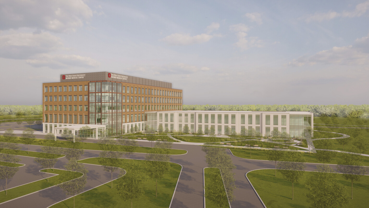 Front entry view rendering of white and brick building with large windows. Sign reads The Ohio State University Wexner Medical Center