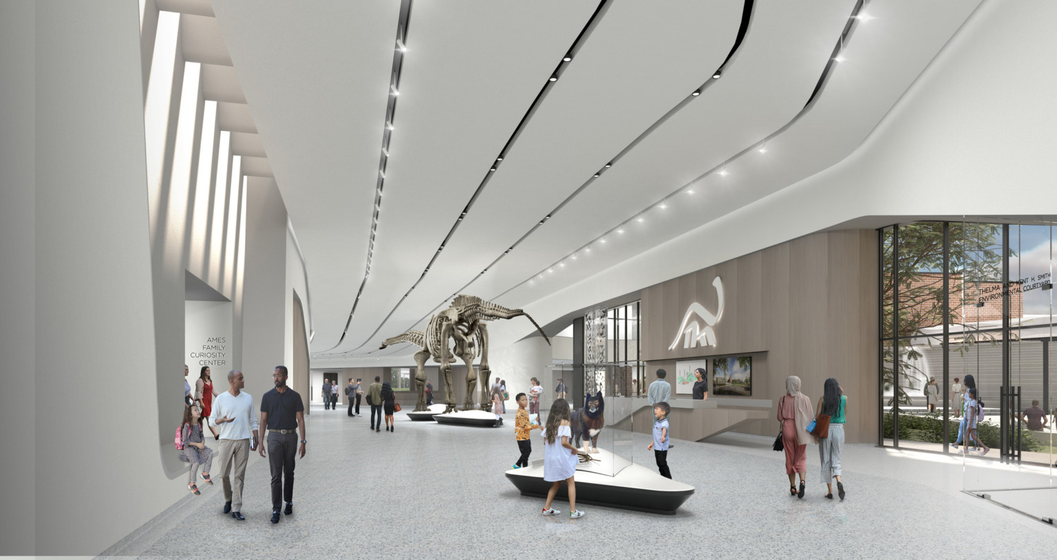 Interior view of a gallery hallway, white striped dimensional ceiling design curves with room and provides recessed lighting