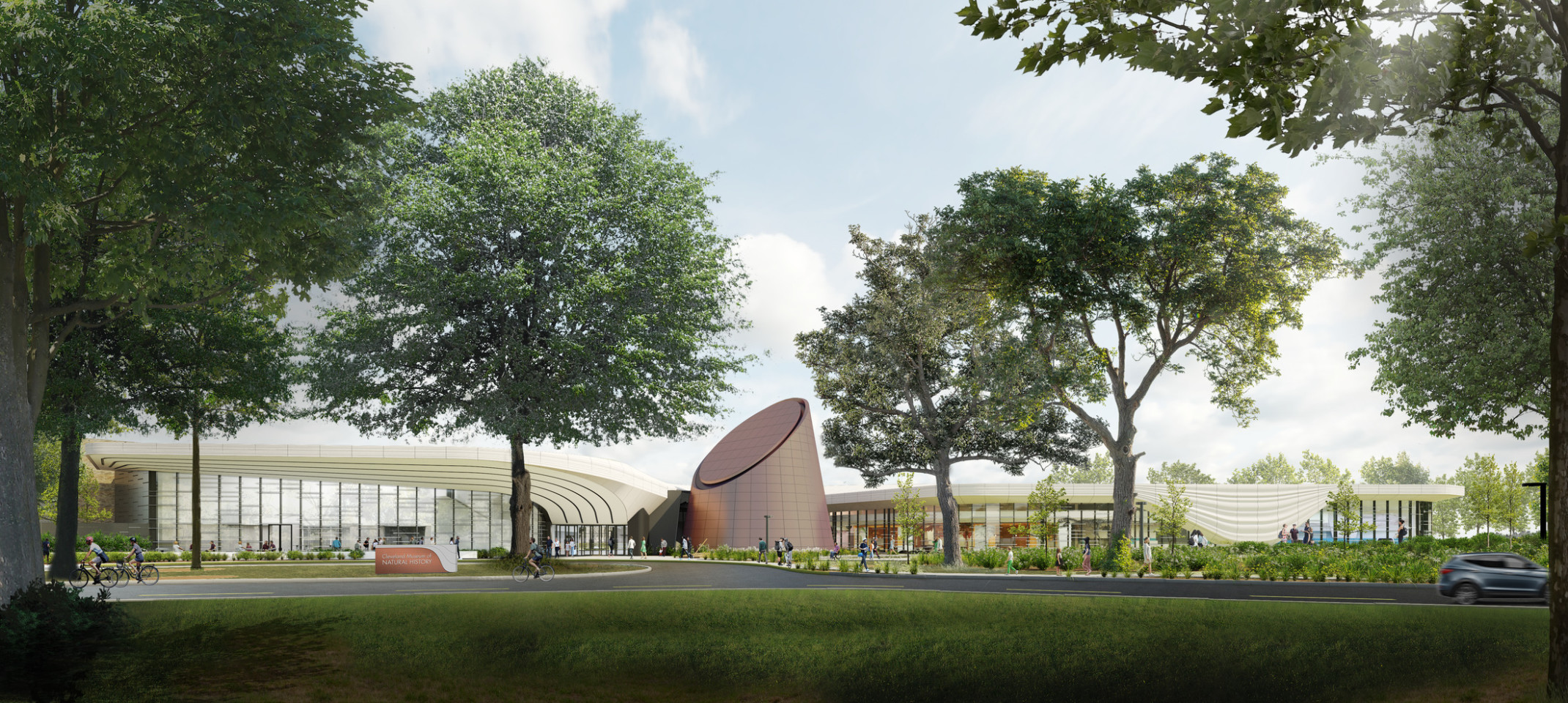 street view of Cleveland Museum of Natural History, a two section building with curved white roof, large metal sculpture center street view of Cleveland Museum of Natural History, a two section building with curved white roof, large metal sculpture center