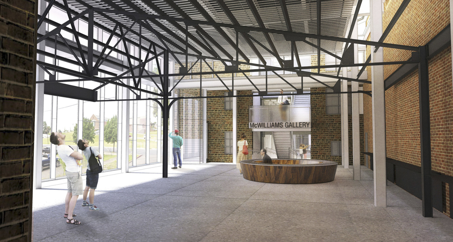 Circular wood finished reception desk in exposed brick room with industrial steel trusses above