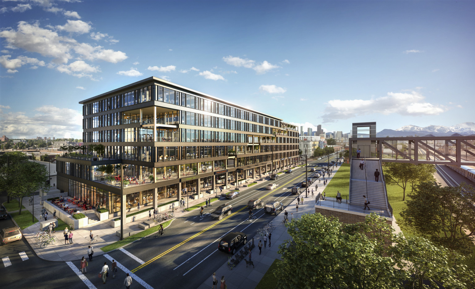 Hines T3 location in Denver's River North (RiNo) district. Corner view of glass and exposed steel facade with wood columns