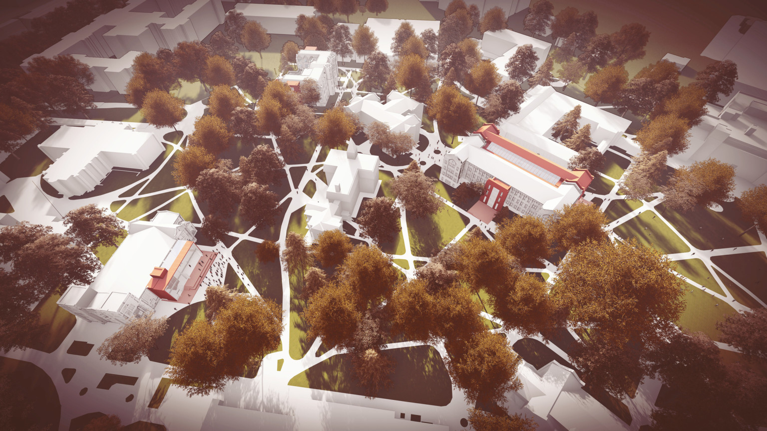 Vanderbilt University rendering of aerial view of site with multiple buildings interconnected by crossing paths