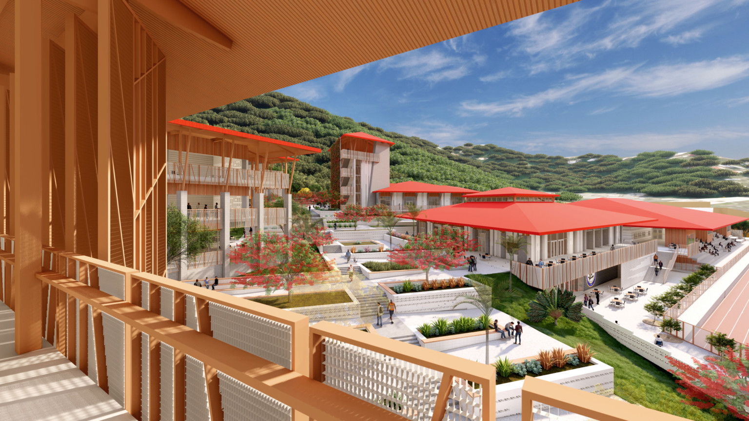 Balcony overlooking walkway in courtyard. Stone steps and planters surrounded by buildings with red overhanging canopies