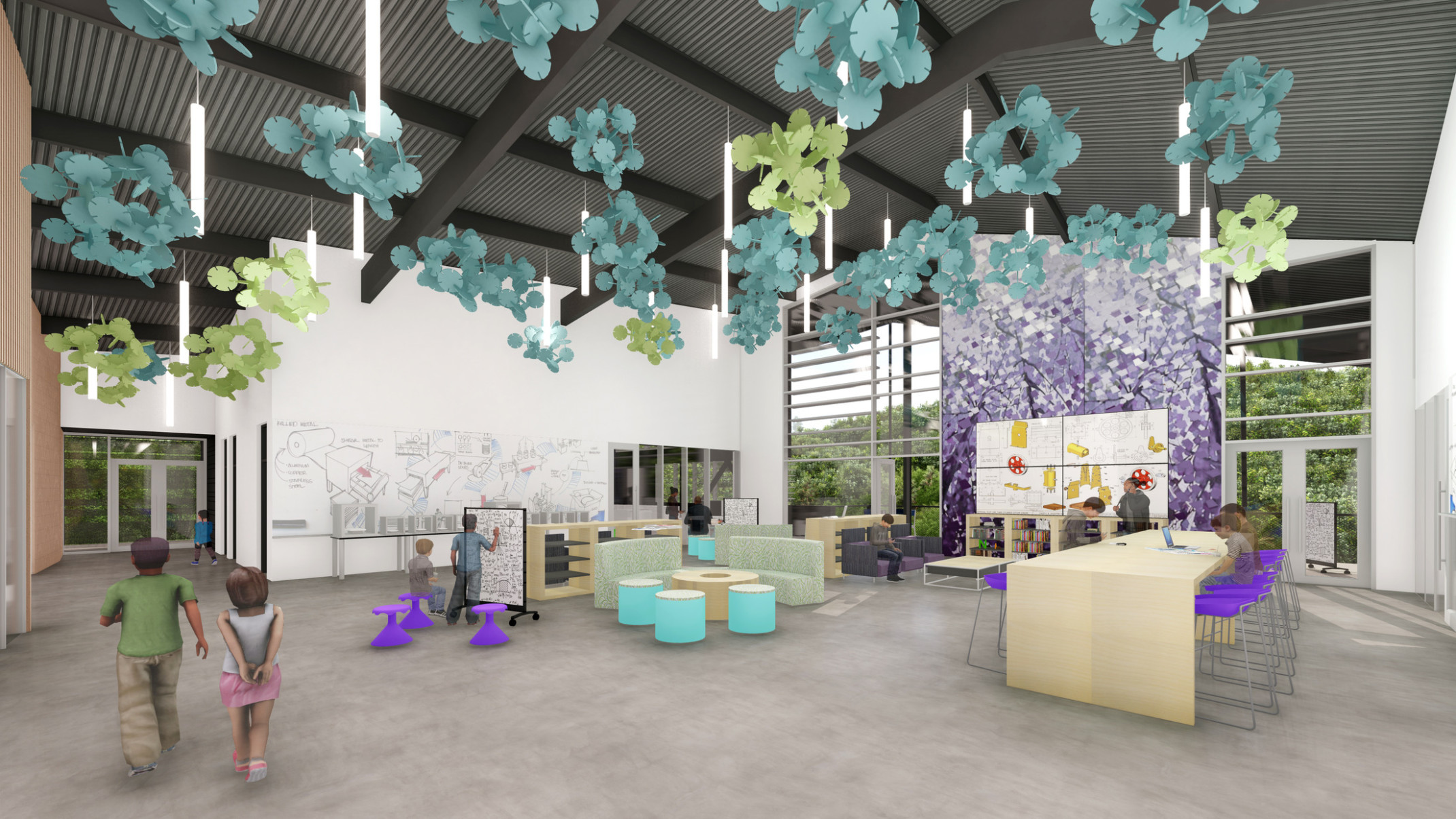 Mixed seating in tall white room floor to ceiling windows. Purple floral mural accent wall with whiteboard, sculptures hang