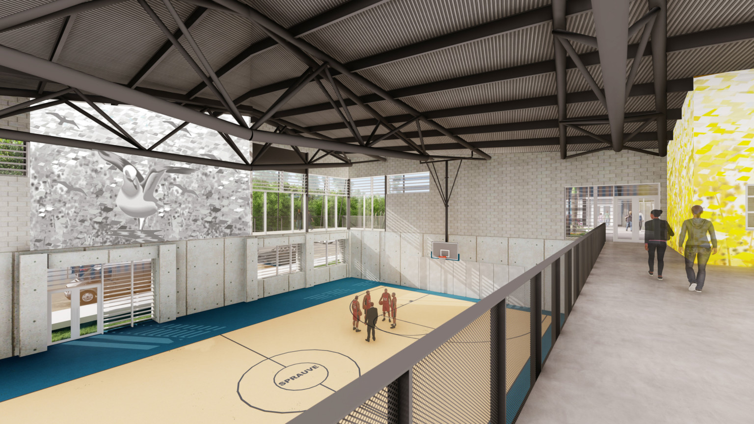 2nd floor walkway overlooking basketball court. Exposed beams above, windows on left wall frame mural of bird over glass door