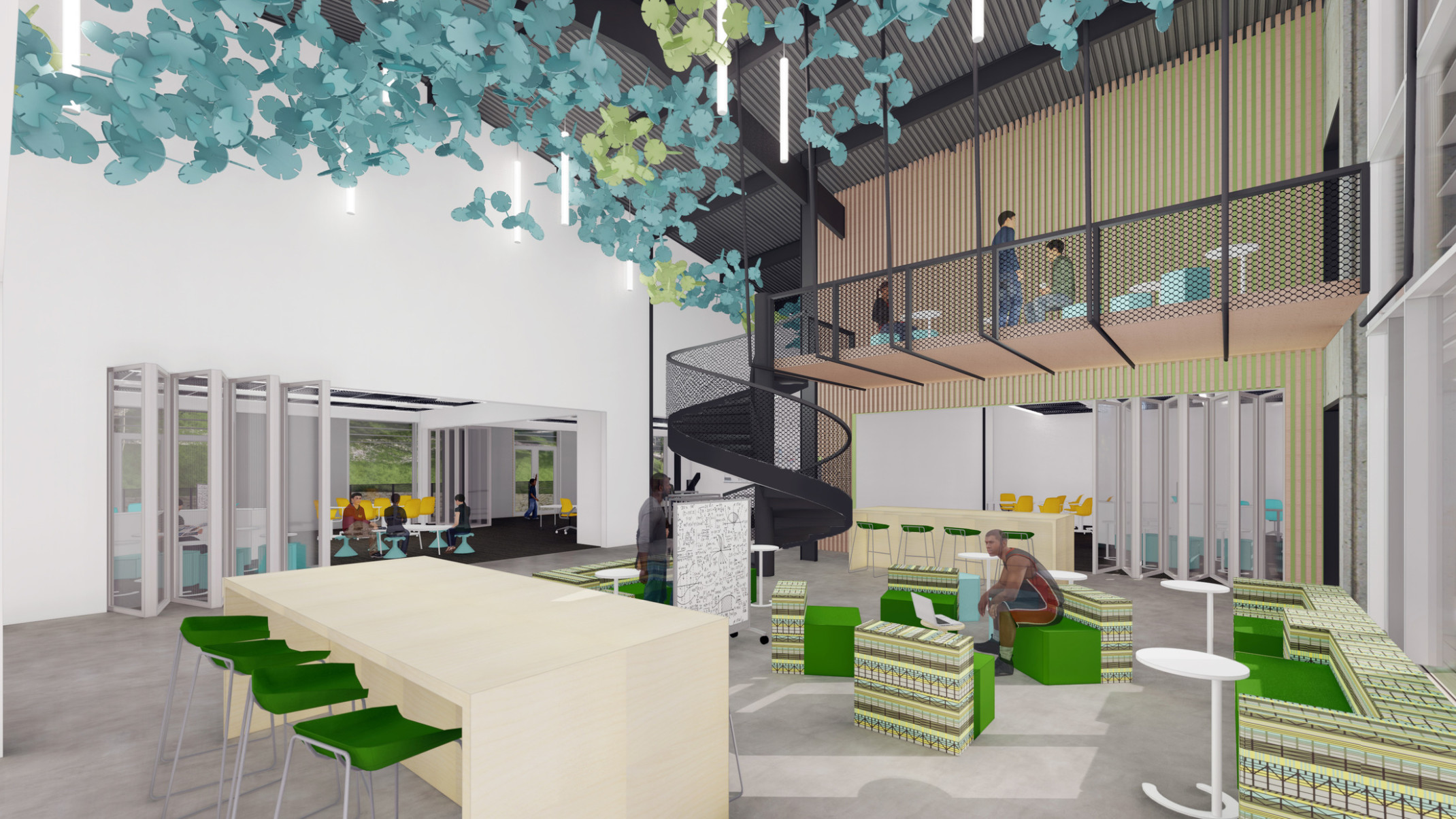 Double height room with black spiral staircase along wood slat accent wall, right. Seating area beneath abstract sculpture