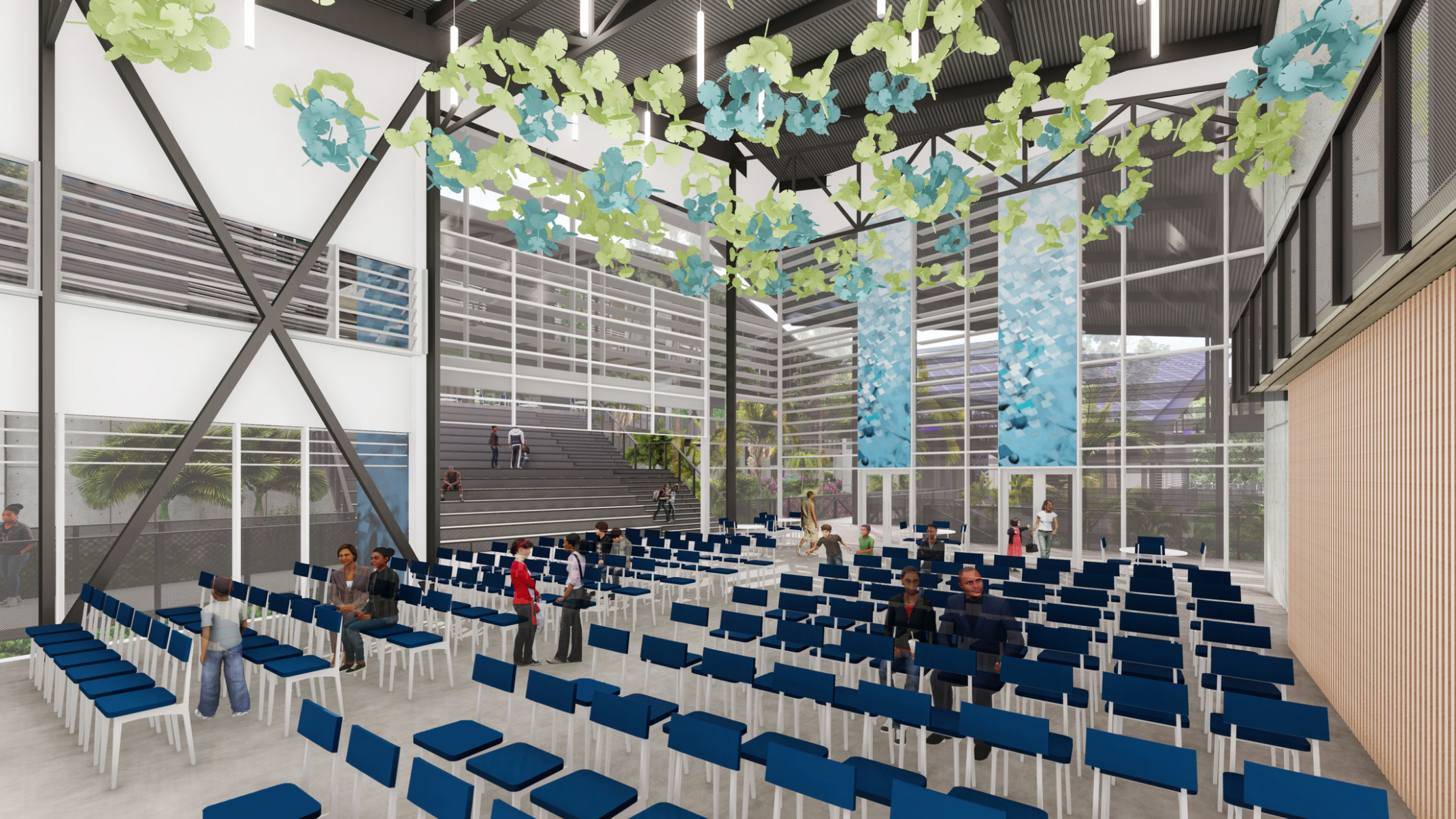 Double height window lined room with seating. Blue and green abstract sculpture hangs above. Garage style door opened, left