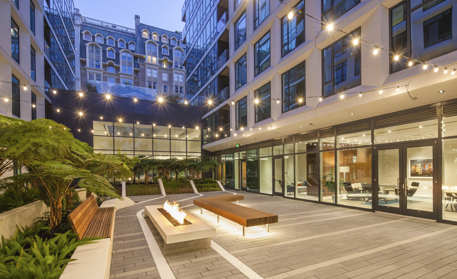 Courtyard with rectangular fire pit and wooden benches with string lights. Trees to left and back, right, glass double doors