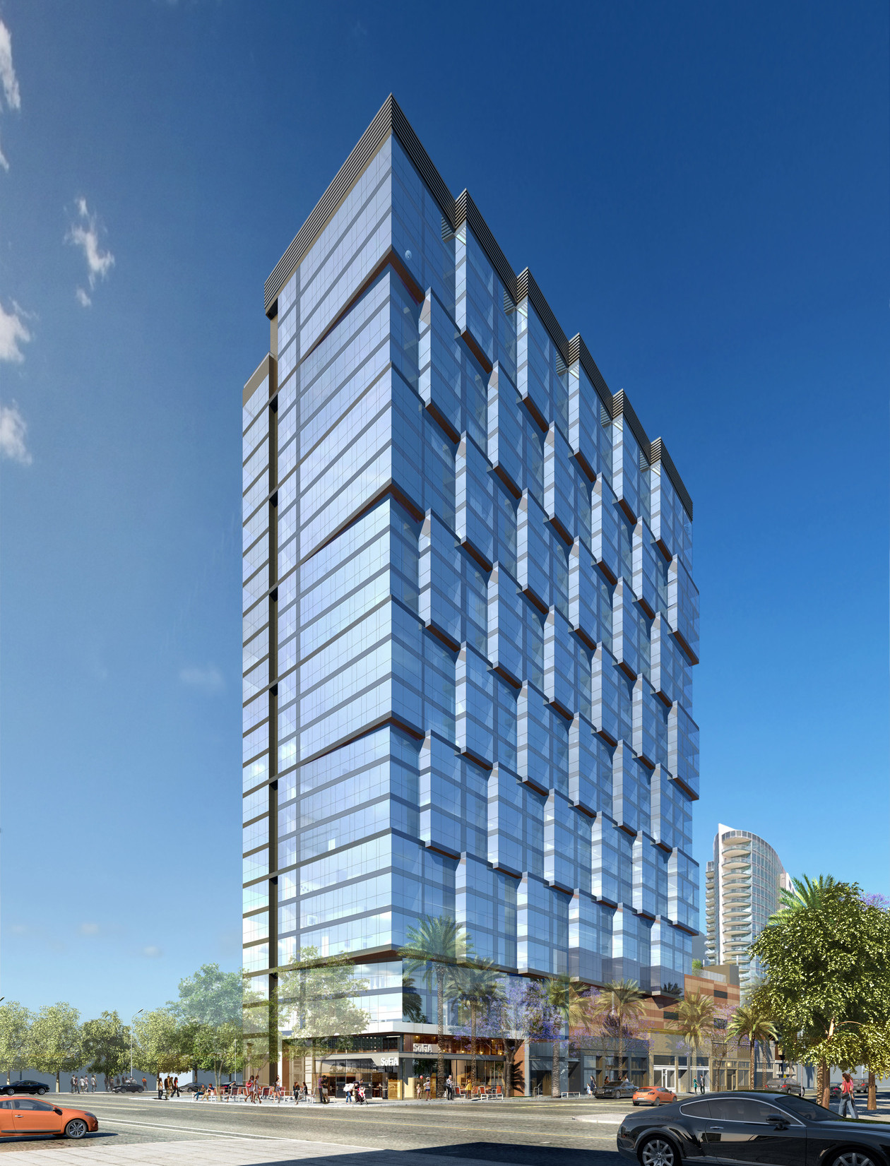 Gateway Tower mid section. A glass building with stepped glass curtain wall on right side. Black, ribbed, textural accents