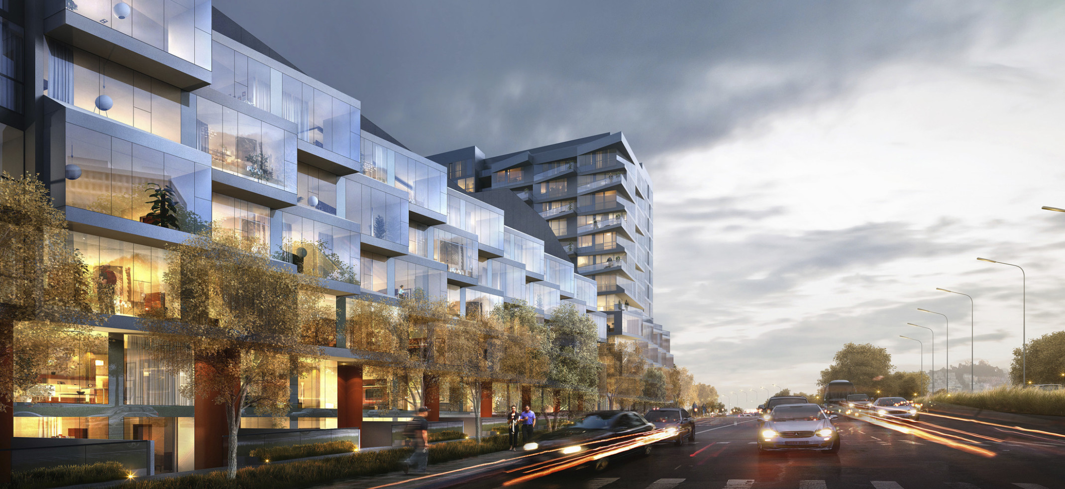 Parkmerced Block 20 has an angled stepped glass facade. Lower midsection with tower behind Parkmerced Block 20 has an angled stepped glass facade. Lower midsection with tower behind
