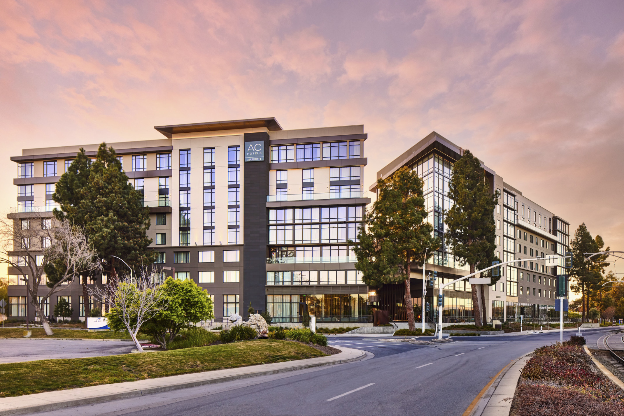 Two hotels share the corner of Bordeaux and Java as the sun rises over the three-acre site