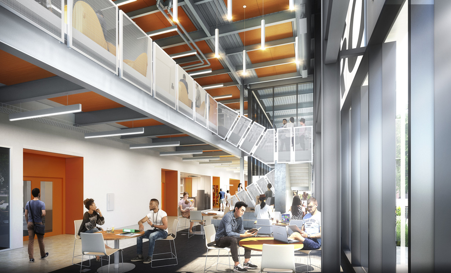 2 story interior collaboration space with walkway overhang above, floor to ceiling windows right, and orange ceiling details