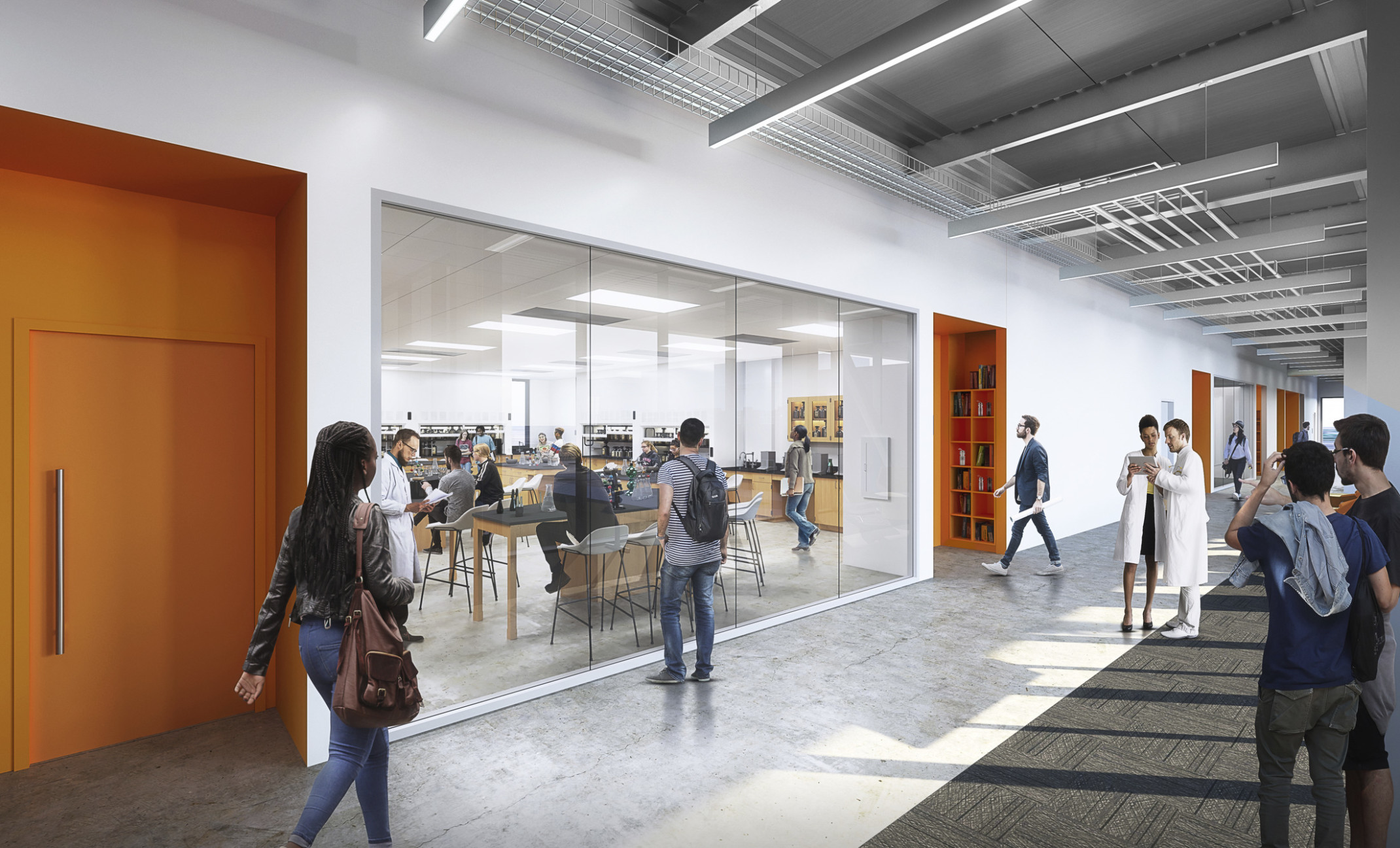 View into glass walled science lab from partially carpeted hallway white hallway with orange details around doors