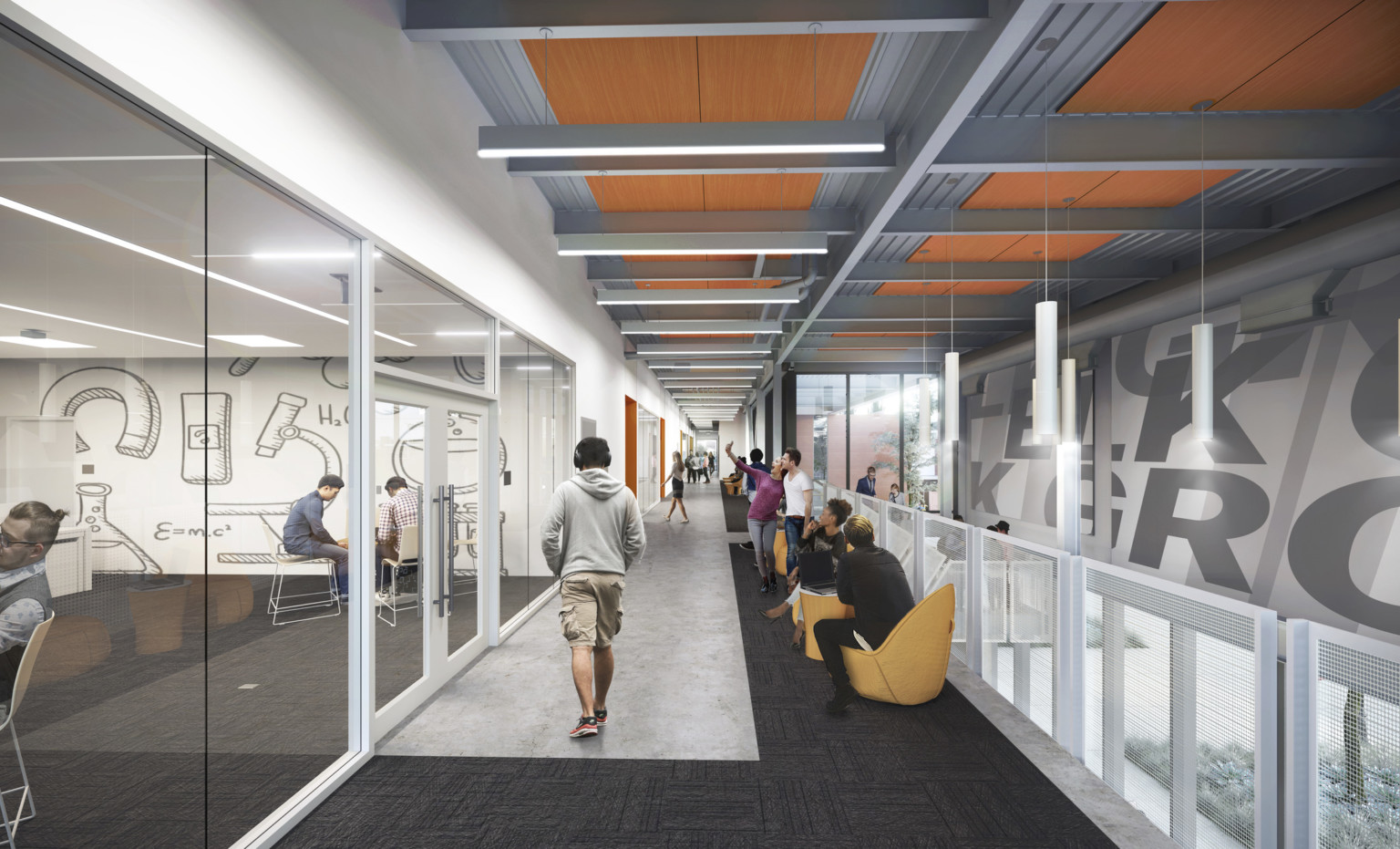 Upper level hallway with seating lining glass railing, glass walls left creating transparency into classrooms