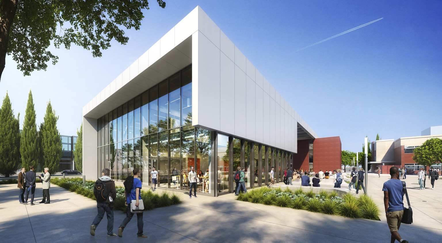 Los Rios Community College District Elk Grove Center exterior with large white roof and overhang wrapping 2 story windows