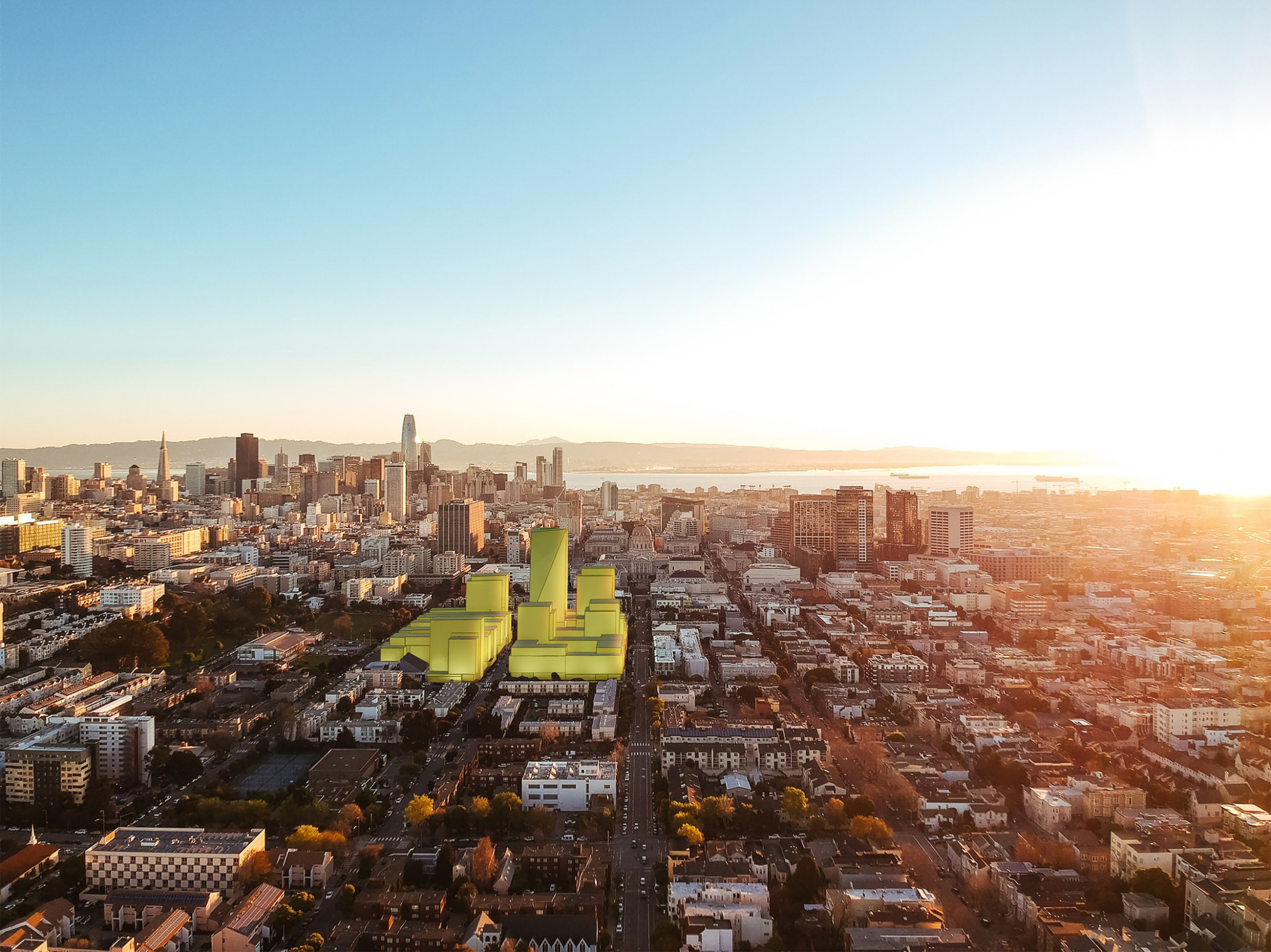 Rendering of the proposed development in yellow overlaid on the current neighborhood. 4 buildings of different heights