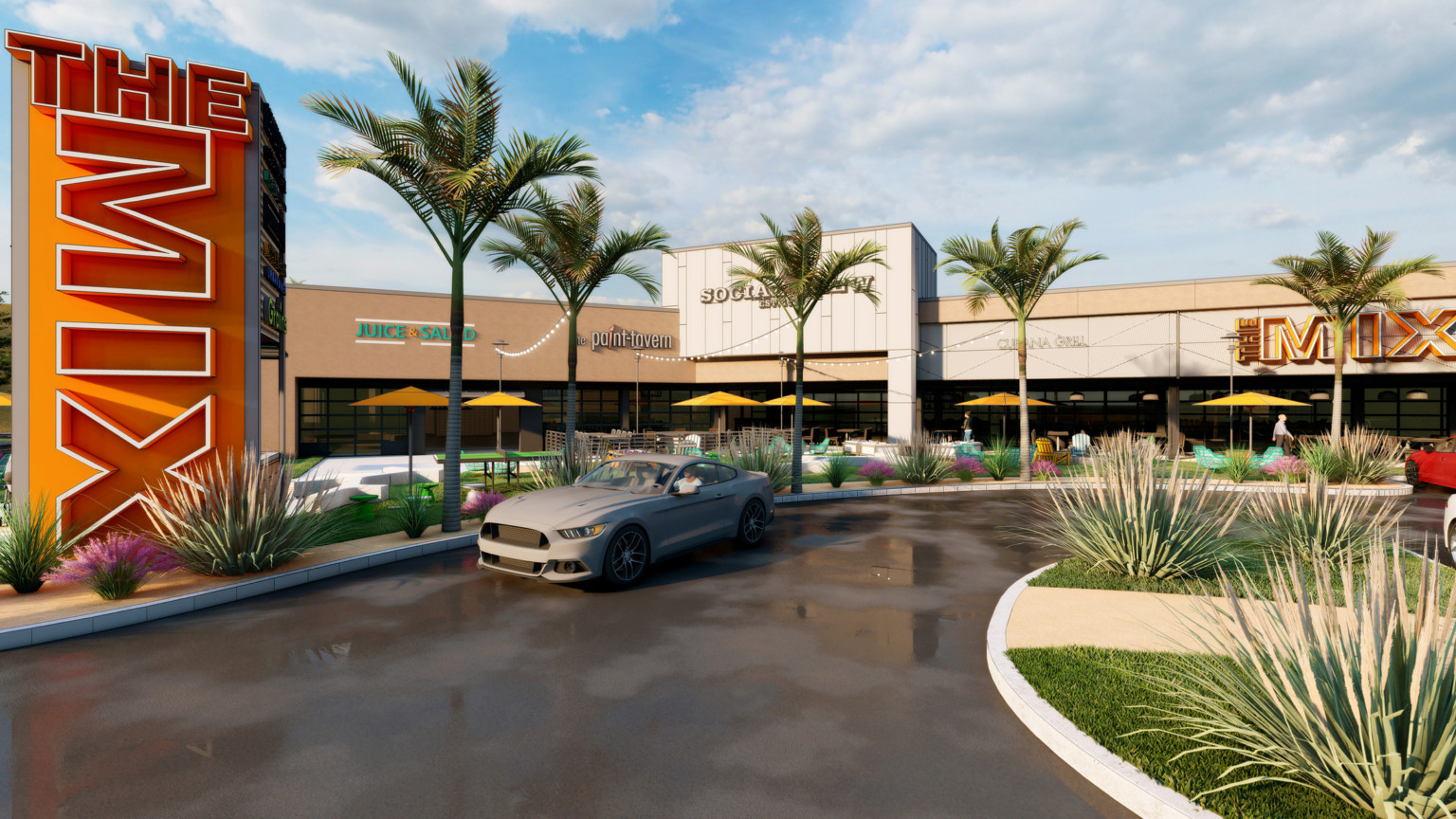 Atlantic Square mixed use shopping center entry. Plant lined drive in front of outdoor seating for single story restaurants