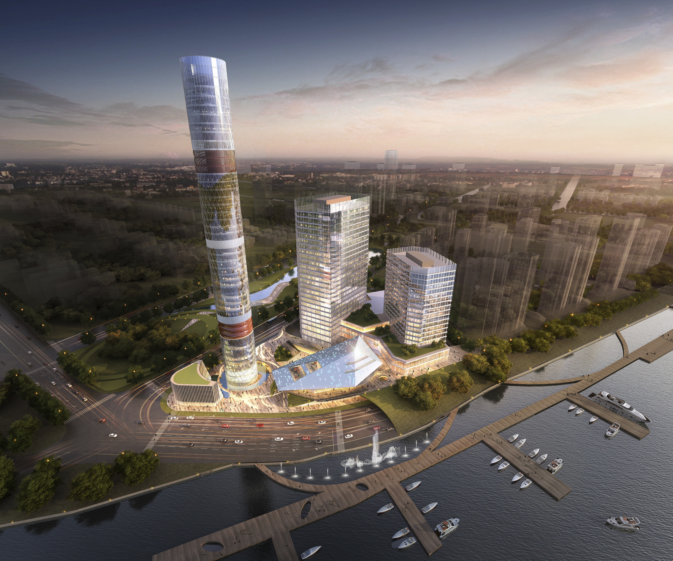 The Baoshan Long Beach Mixed Use Tower, cylindrical glass tower on a site with 4 other buildings next to the water The Baoshan Long Beach Mixed Use Tower, cylindrical glass tower on a site with 4 other buildings next to the water