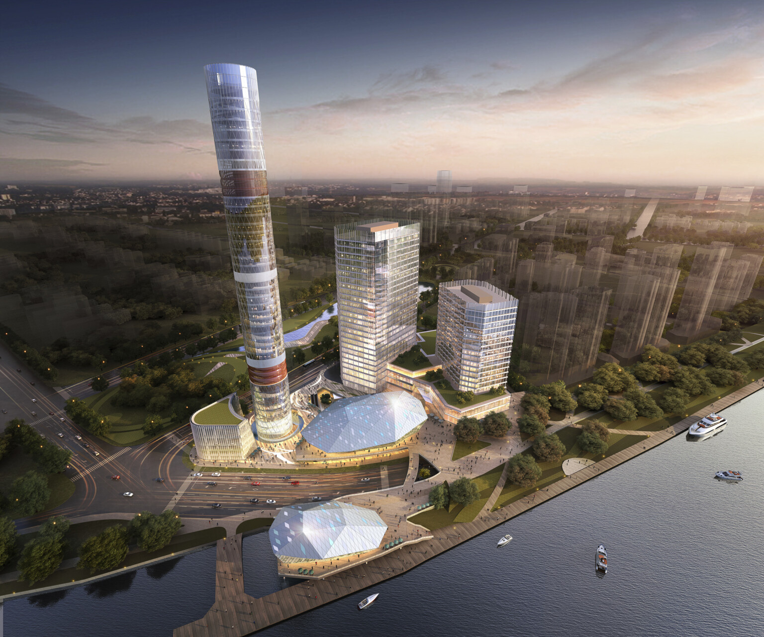 a new river front development with one high rise tower three mid rise towers and two low rise buildings with faceted roofs