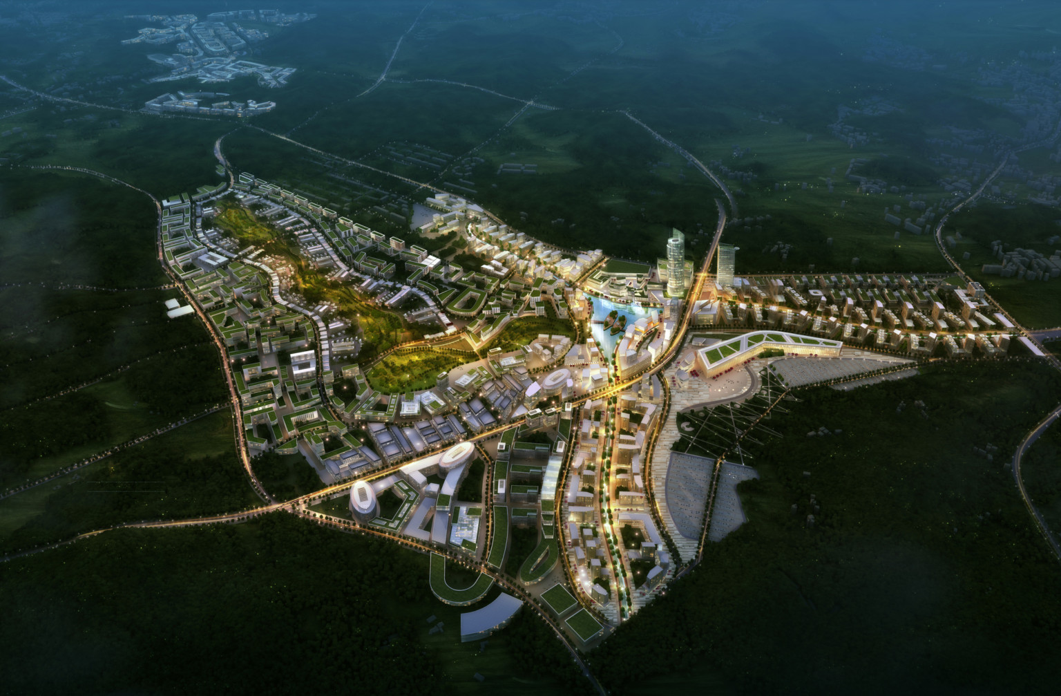 Smart City Korea illuminated at night with green roof buildings and a large park curving towards lake