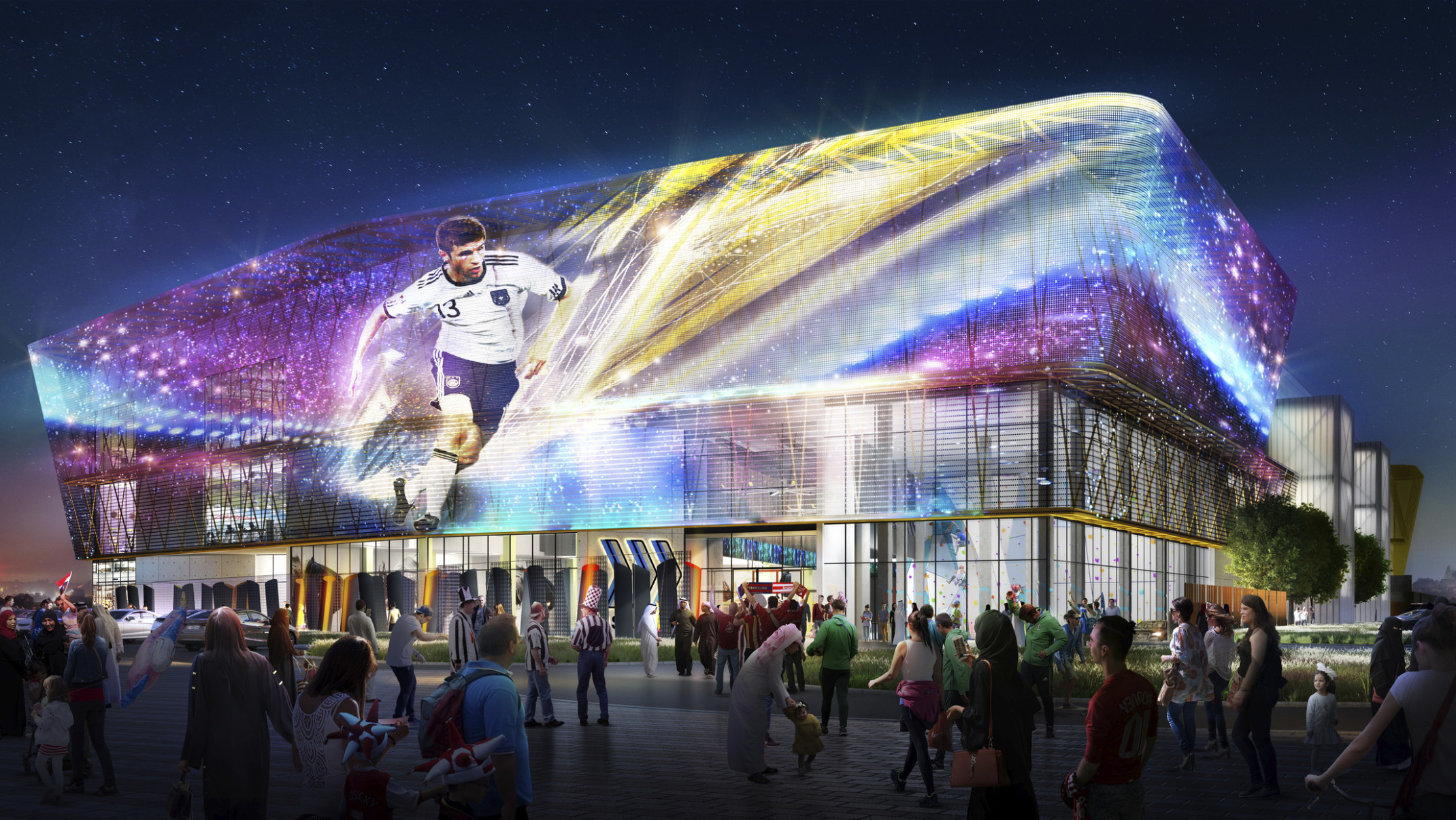 Sports Society entrance illuminated at night from double height windows. A banner hangs above of a soccer player in a galaxy Sports Society entrance illuminated at night from double height windows. A banner hangs above of a soccer player in a galaxy