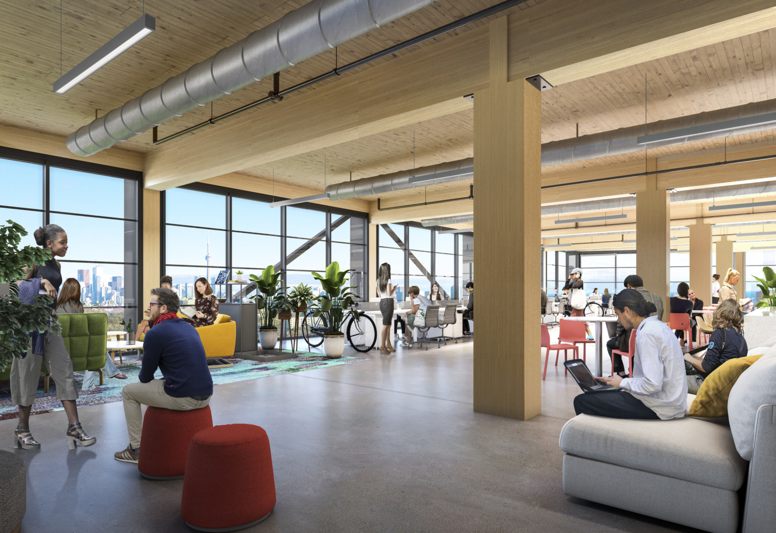 an open office in a mass timber building with floor to ceiling windows