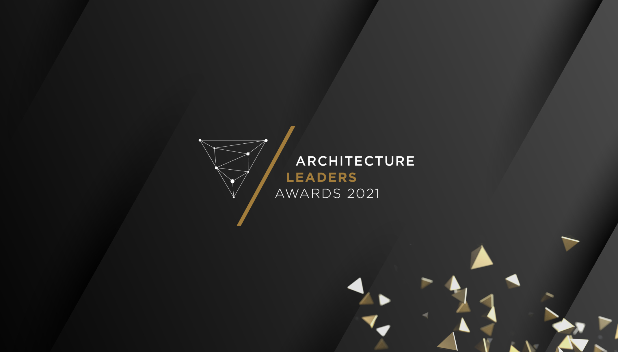 Graphic of architecture leaders awards 2021 with gold and silver text geometric shapes