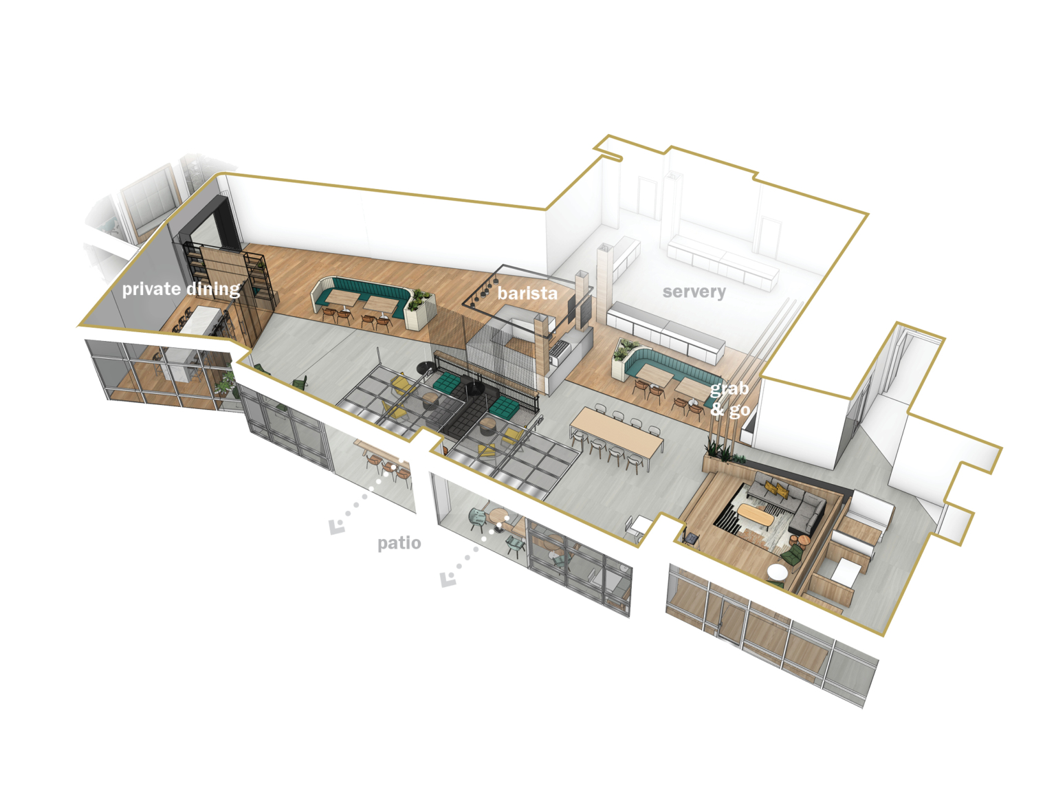 Rendering of white dining space with wood floor from aerial view with labeled sections and arrows pointing out to patio