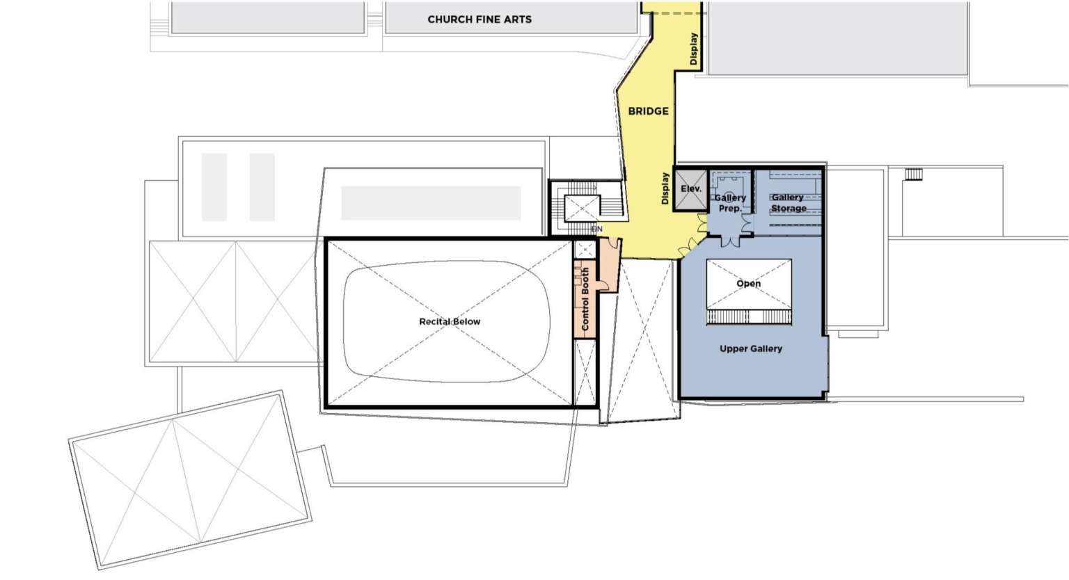 Floorplan showing lobby, recital hall, art gallery, and bridge at the University of Nevada Reno University Arts Building