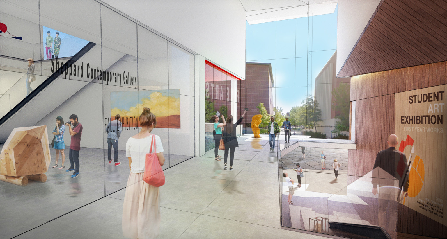 upper lobby area with double height windows looking out to campus at the University of Nevada Reno University Arts Building