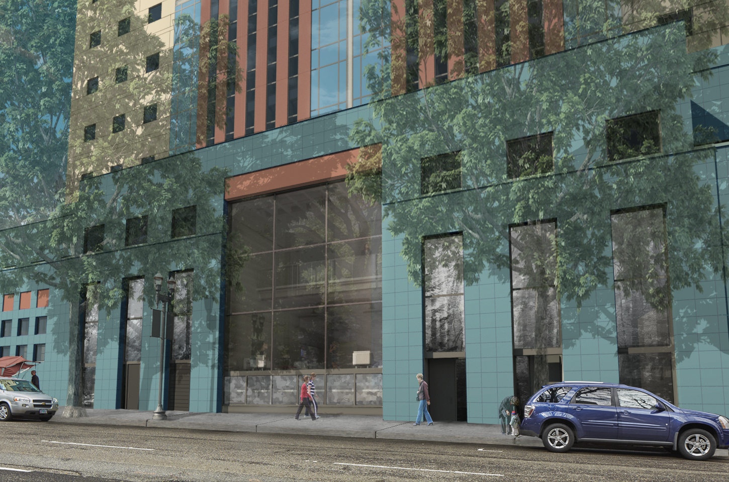 a design rendering of the fifth avenue elevation for the reconstructed Portland Building, portland building renovation, restoration, postmodern architecture, michael graves architecture