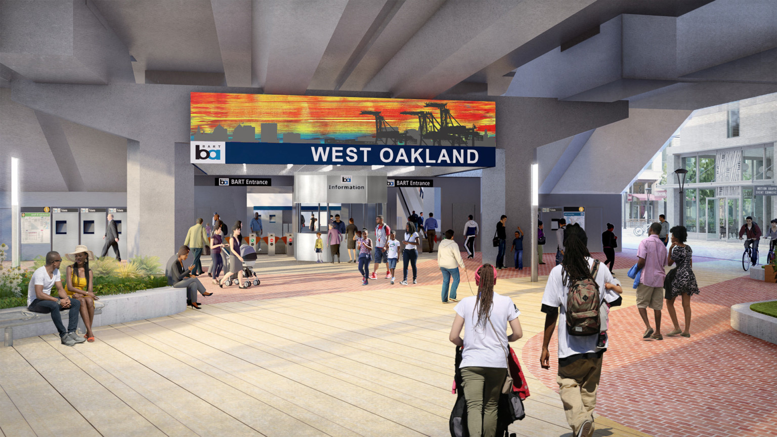 Rendering of covered street level entrance to rail station with mural reading West Oakland. Beyond, stairs lead up to station