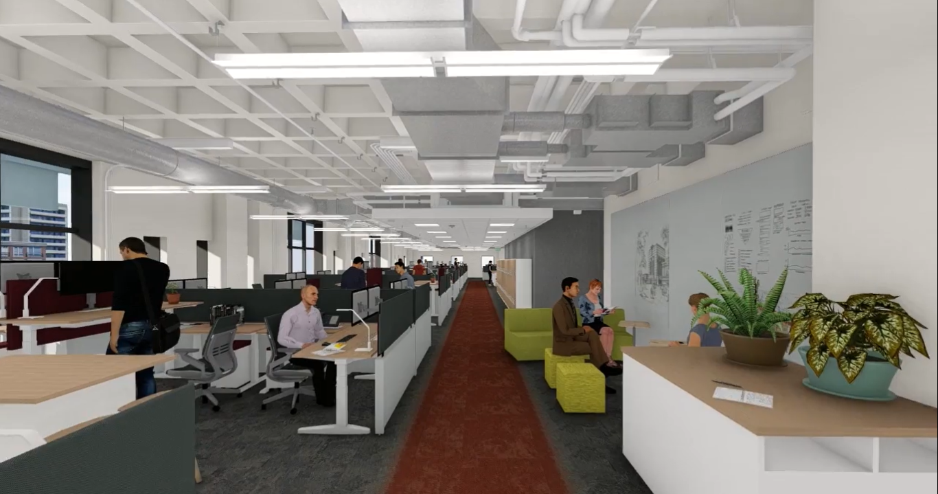 a design rendering of the 9th floor for employees of the city of portland in the reconstructed portland building, portland building renovation, restoration, postmodern architecture, michael graves architecture
