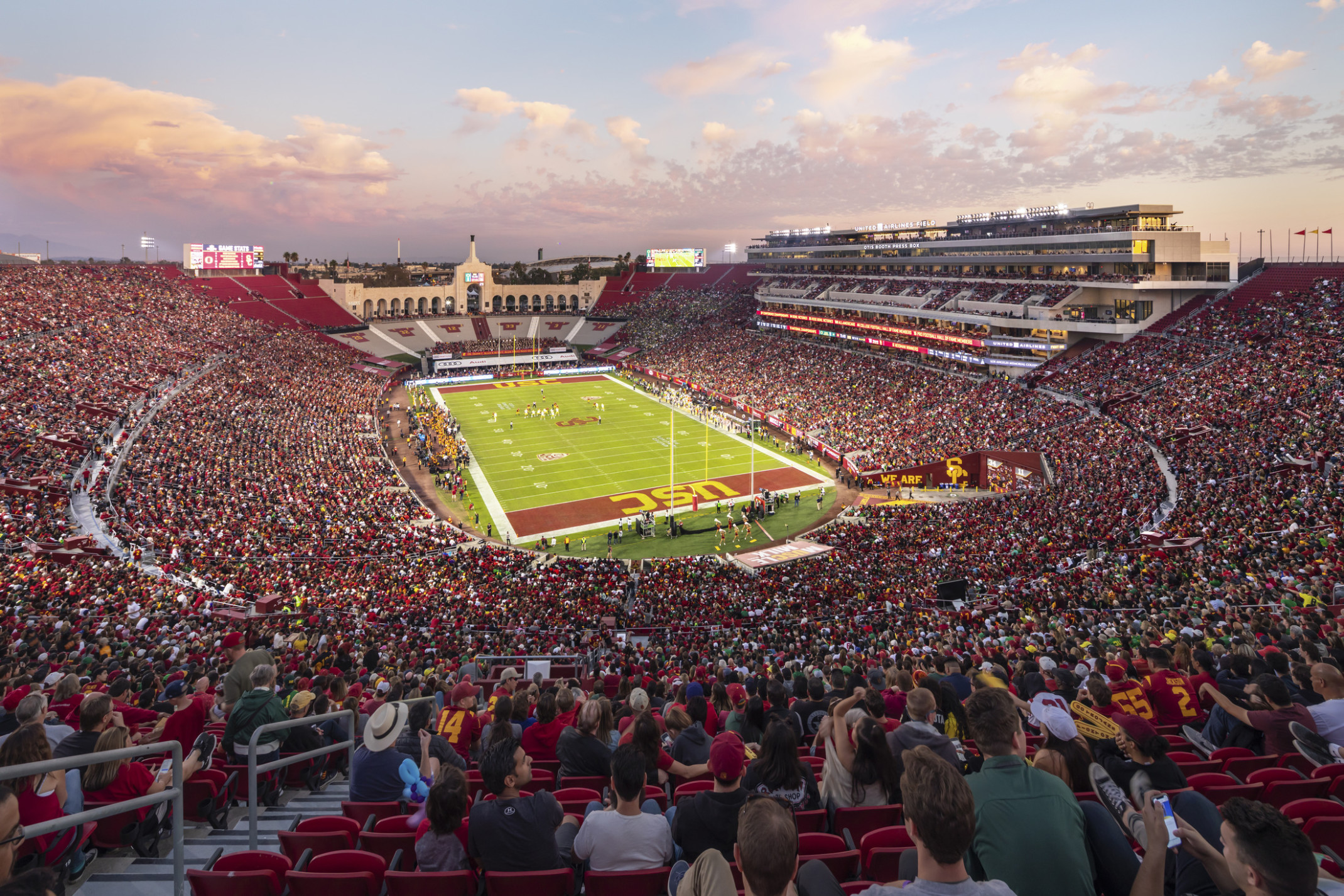 University of Southern California Los Angeles Memorial Coliseum with full bleachers on game day University of Southern California Los Angeles Memorial Coliseum with full bleachers on game day