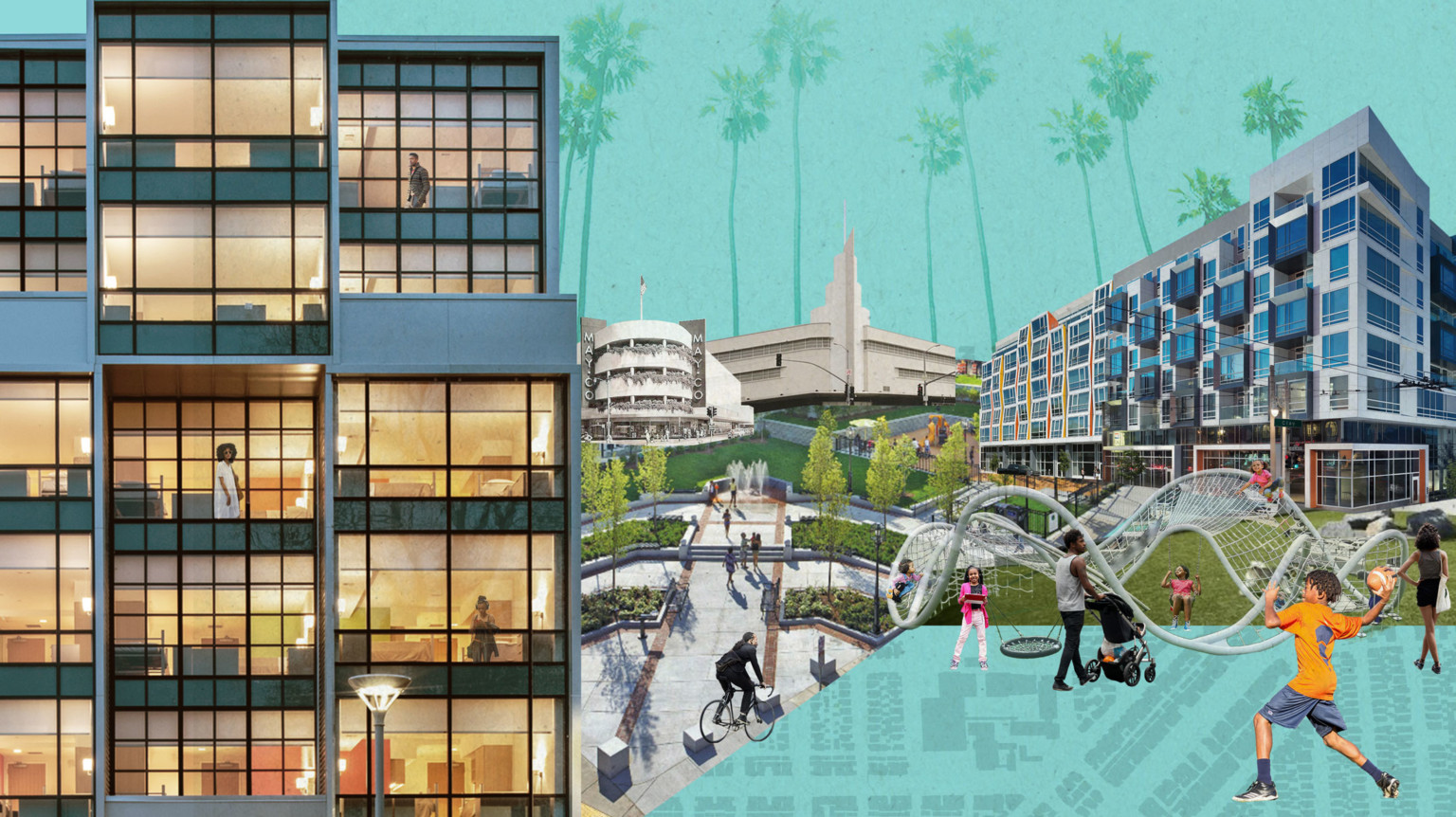 design concept collage of mixed use development with kids playing soccer in a yard, a playground set, and a lit up building to the left design concept collage of mixed use development with kids playing soccer in a yard, a playground set, and a lit up building to the left