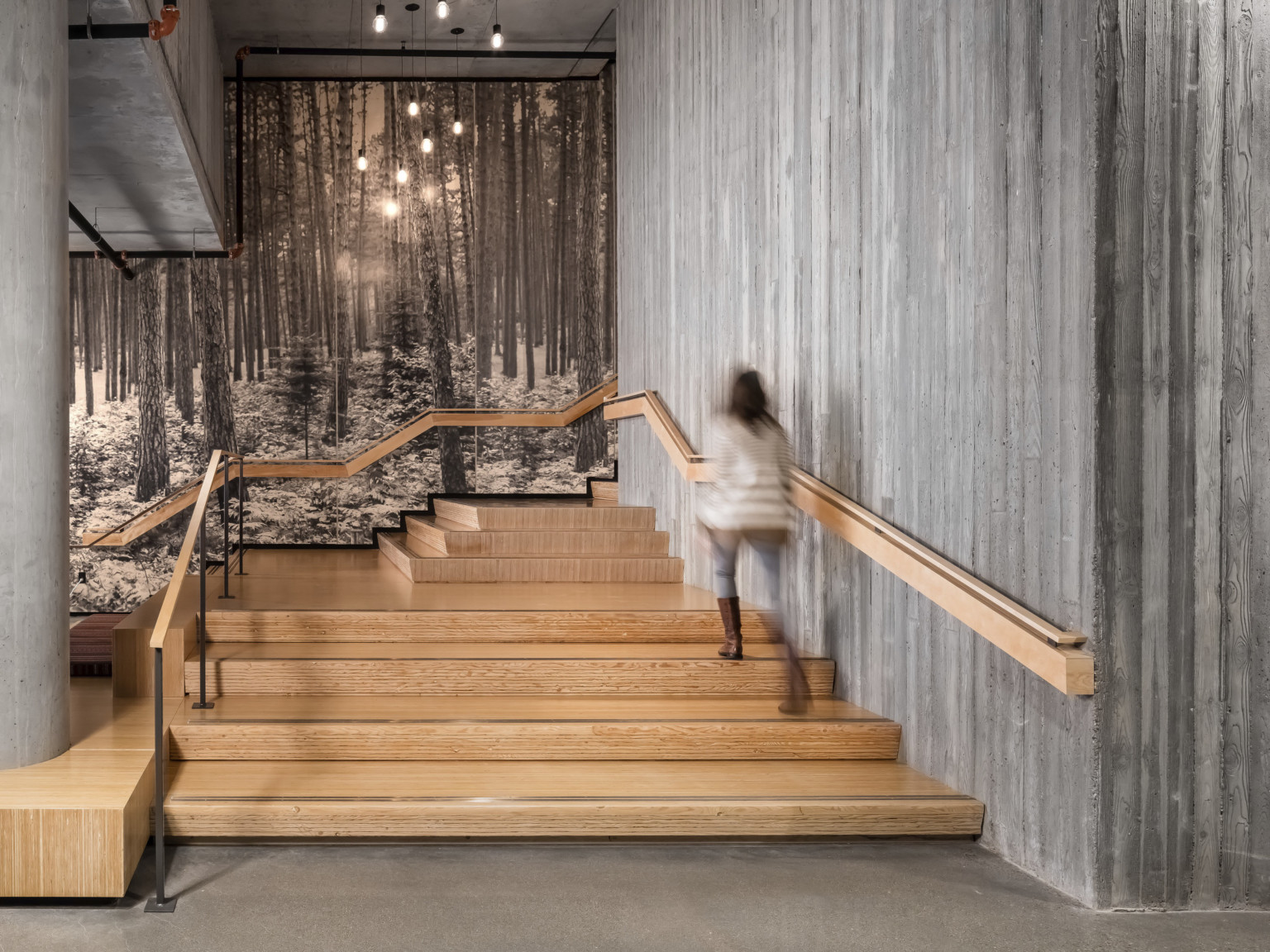 woman walks up wooden stairs surrounded by raw concrete walls. Black and white mural, front of a forest. Angled railing