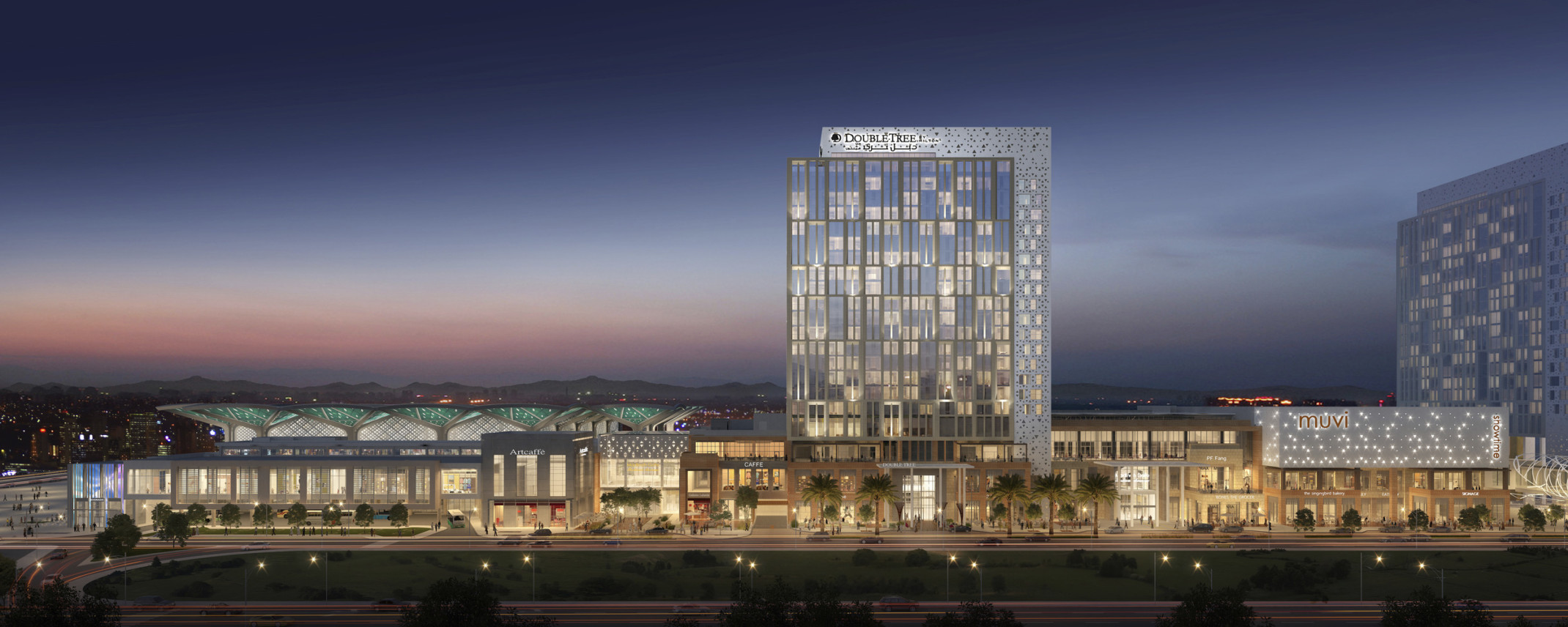 Design concept for three story mixed-use development seen from across parking lot, Double Tree hotel rising above at center. Multiple entrances and large windows