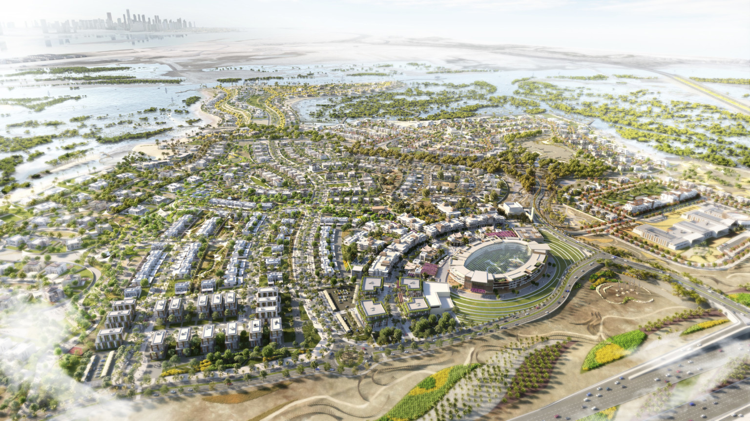 Jubail Island aerial view rendering with buildings surrounded by greenery, water adjacent