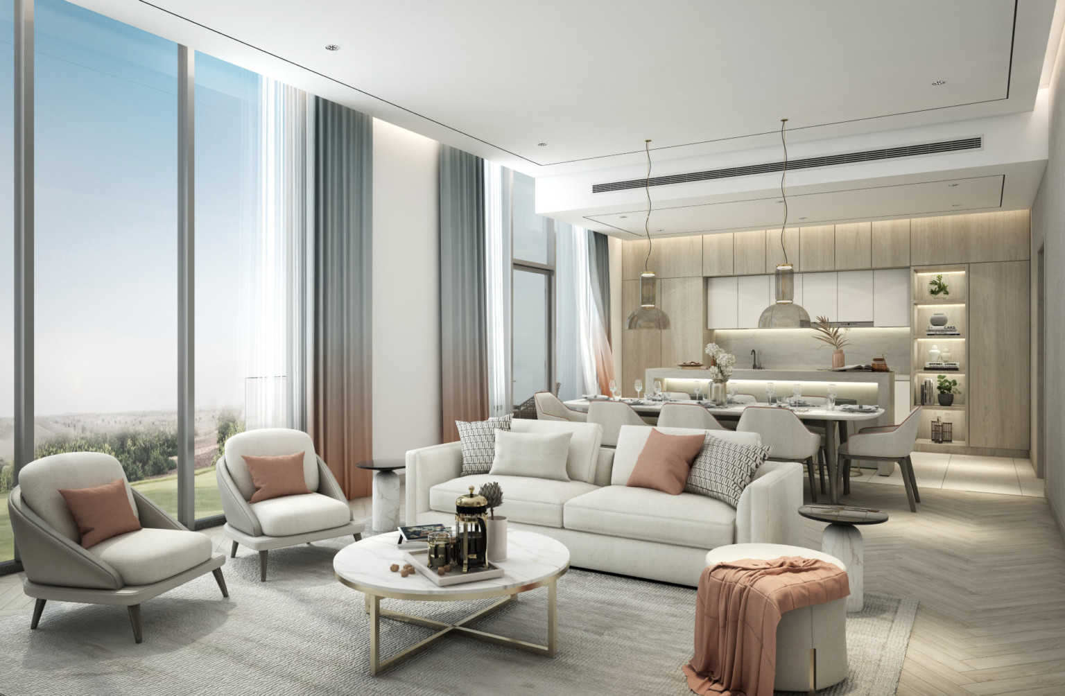 Seating area with couch, chairs, stool, in front of illuminated built in shelving and marble island. Long dining table