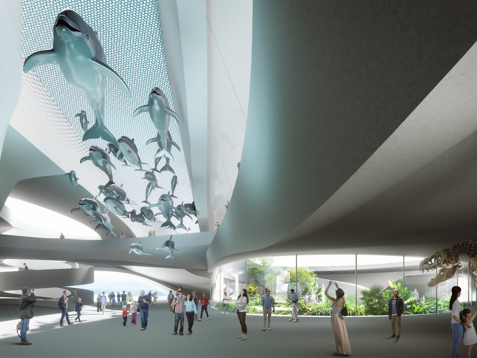 design concept for The Museum of Science & History with dolphin sculptures hanging from the ceiling and large dinosaur fossil