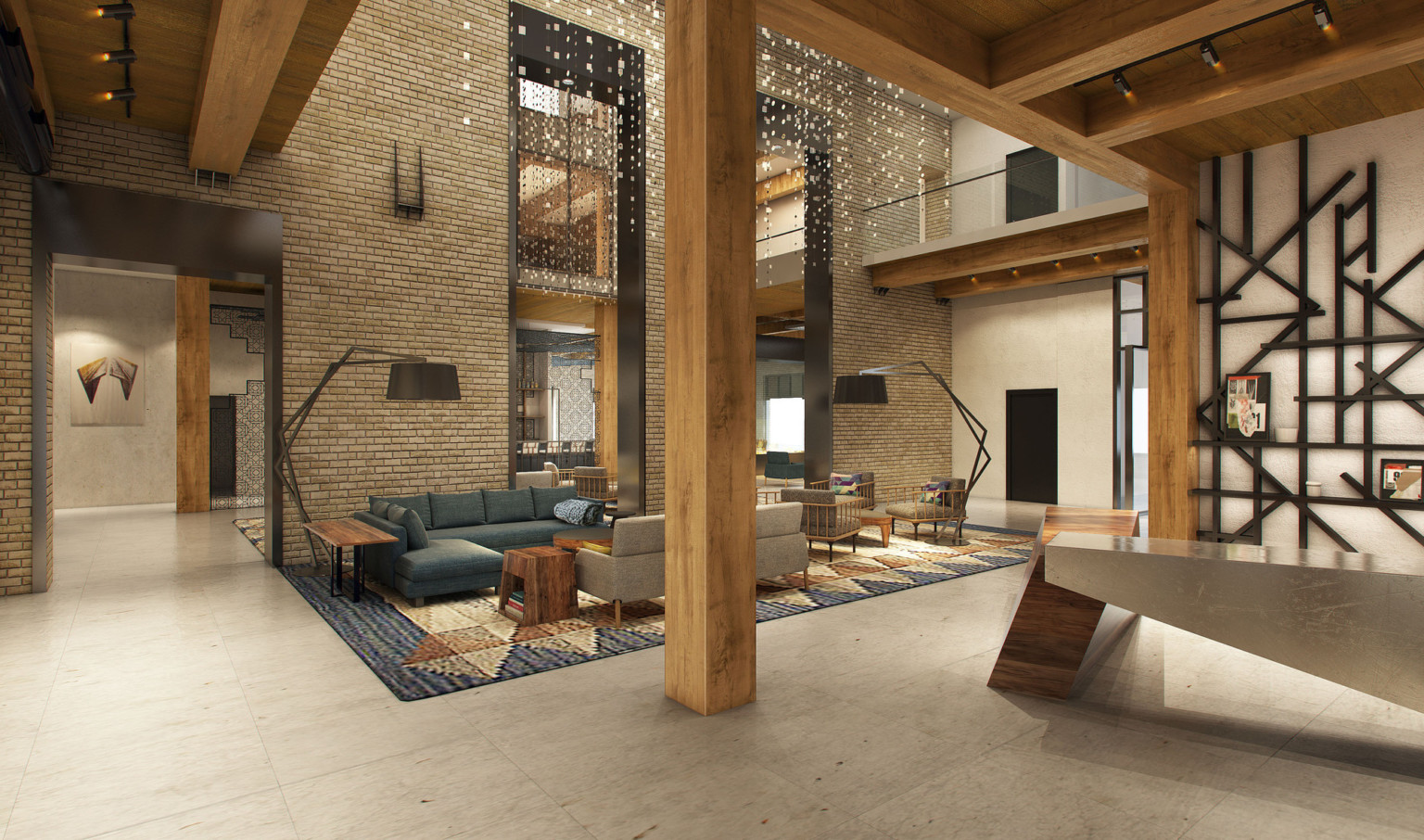 Atrium seating area in lobby of Hilton Canopy Minneapolis Mills District with stone walls and exposed wood beams, hanging art